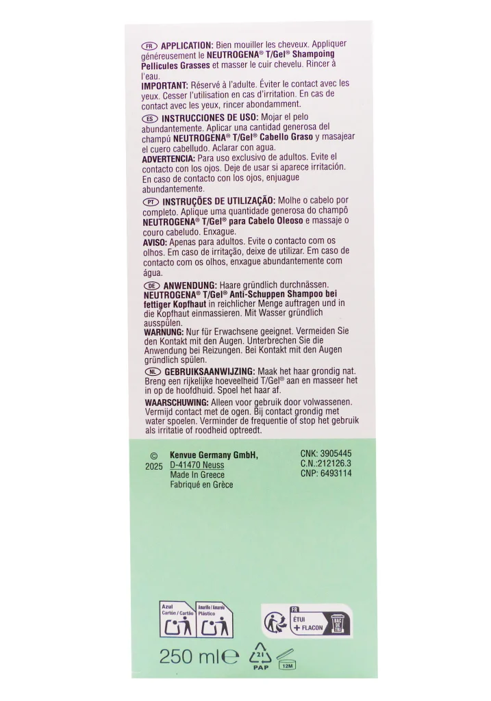 NEUTROGENA T/GEL PELLICULES GRASSES 250ML 5 dos neutrogena vert