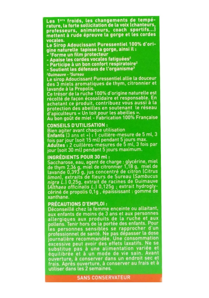 PURESSENTIEL SIROP ADOUCISSANT 3 MIELS 125ML 4 dos packaging