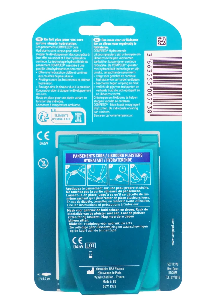 COMPEED 6 PANSEMENTS CORS HYDRATANT 3 dos pansements