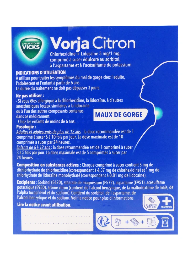 VICKS VORJA CITRON MAUX DE GORGE 24 COMPRIMES A SUCER 3 dos vorja citron