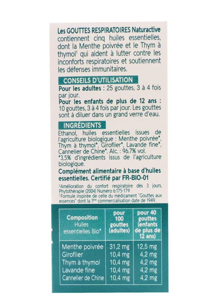 NATURACTIVE LES GOUTTES RESPIRATOIRES 90ML 5 gouttes respiratoires dos