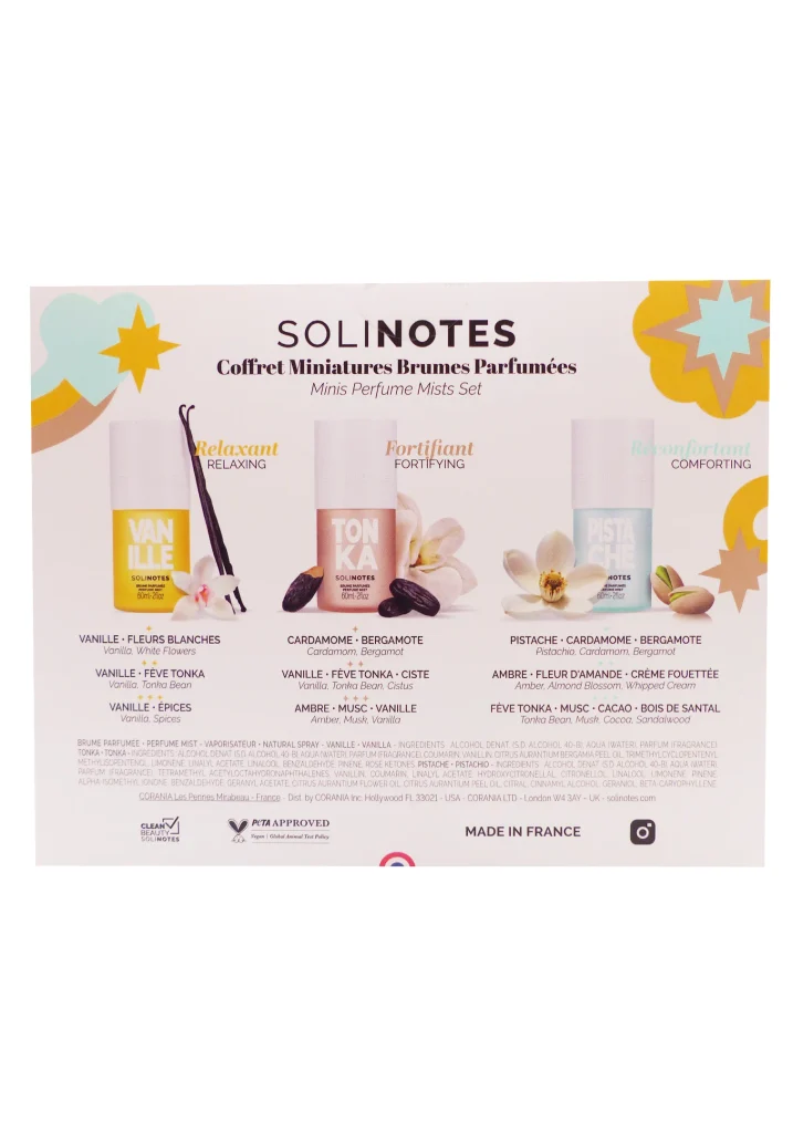 SOLINOTES COFFRET 3 BRUMES PARFUMEES VANILLE, TONKA, PISTACHE 60 ML 3 coffret solinotes dos
