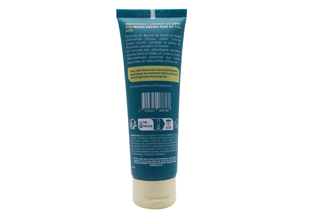 DERMOPHIL CREME MAINS HYDRATANTE BEURRE DE KARITE AVOCAT 50ML 3 dermophil dos 1024x717 1
