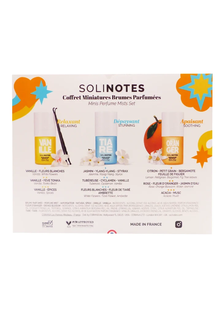 SOLINOTES COFFRET NOEL 2026, 3 BRUMES VANILLE, TIARE, FLEUR D'ORANGER 3 solinotes dos